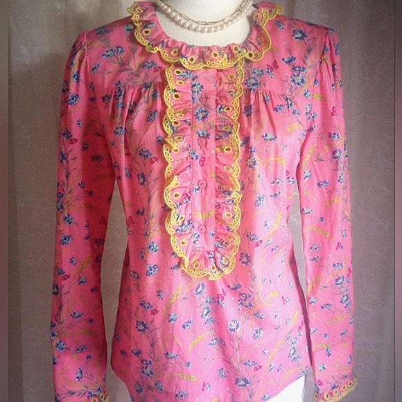 J. Crew Liberty Art Fabric Pink Floral Eyelet Trim Long Sleeve Blouse Size XS - Picture 3 of 14